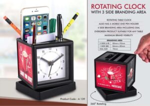 Rotating Desk Clock with Pen Stand & Stationery Holder – 3-Side Branding