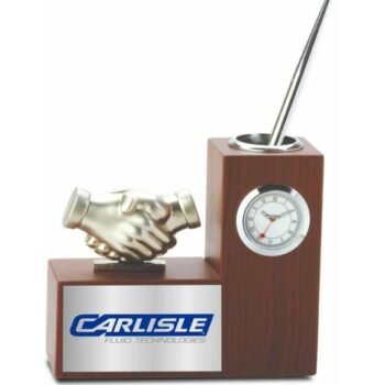 Silver Handshake Pen Stand With Clock –...