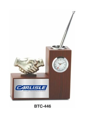 Silver Handshake Pen Stand With Clock –...