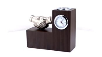 Silver Handshake Pen Stand With Clock –...