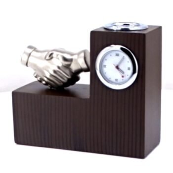 Silver Handshake Pen Stand With Clock –...