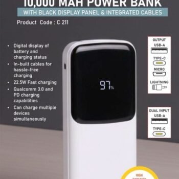 SwiftCharge 10: 10,000 mAh Power Bank with Black Display & Integrated Cables