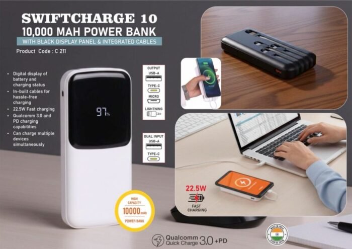 SwiftCharge 10 10,000 mAh Power Bank with Black Display & Integrated Cables