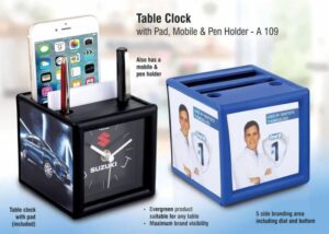 Table Clock with Pad Mobile & Pen Holder – 45 Side Branding