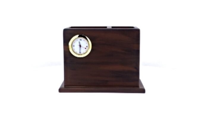 Twin Pen Stand With Clock – Elegant Wooden Desk Accessory for Corporate Gifting