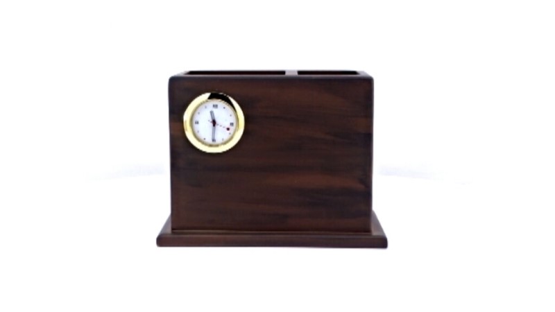 Twin Pen Stand With Clock – Elegant Wooden Desk Accessory for Corporate Gifting