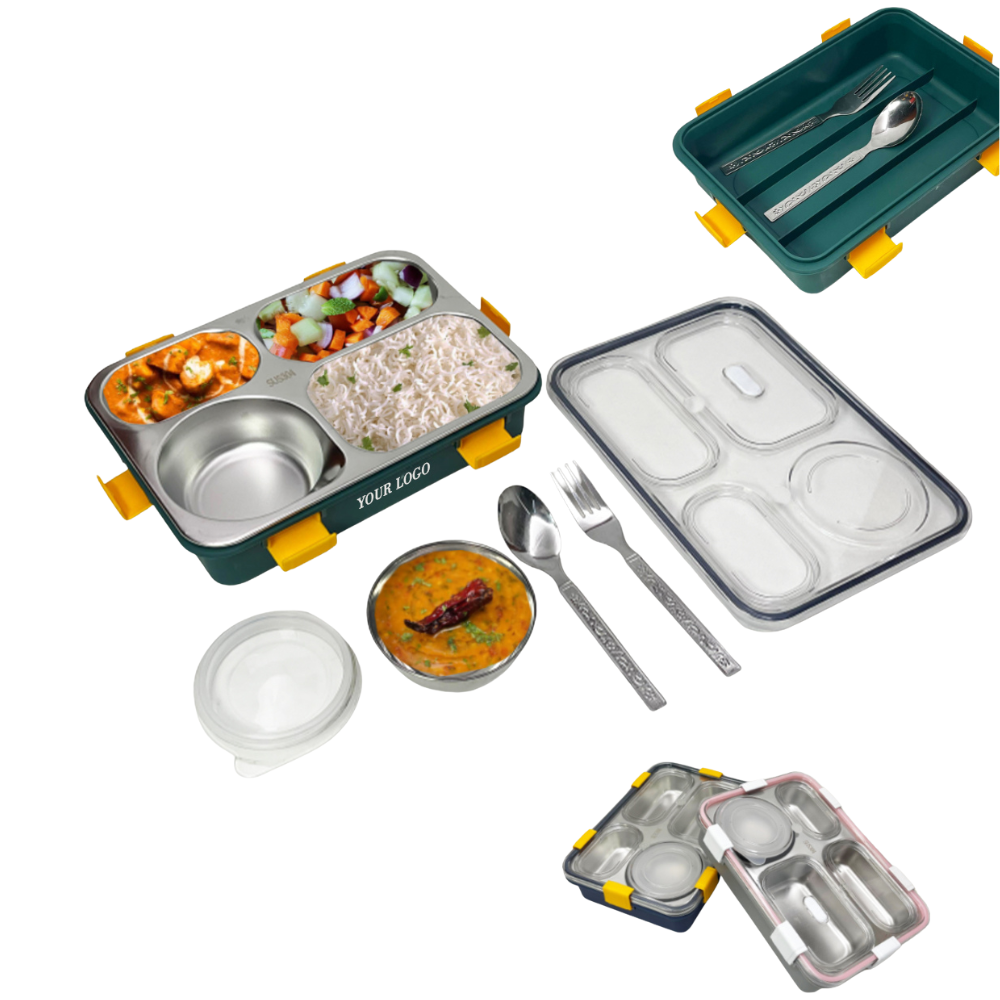 4 COMPARTMENT LUNCH BOX WITH SPOON &AMP FORK