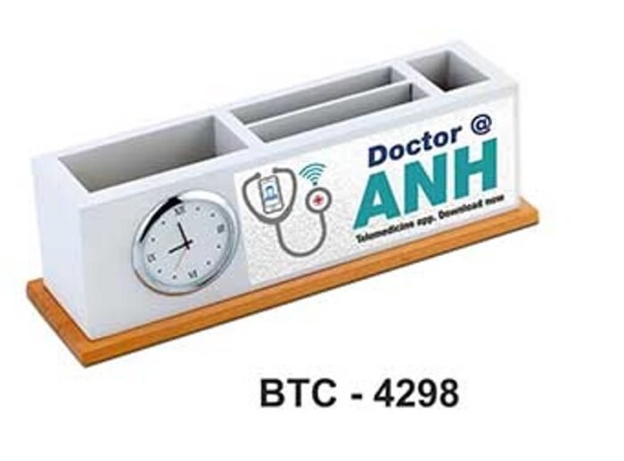 White Elegance Desk Organiser – Stylish Desk Accessory with Clock and Branding Plate