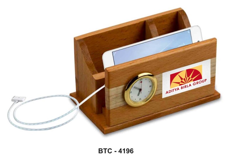 Wooden Desk Organiser with Clock