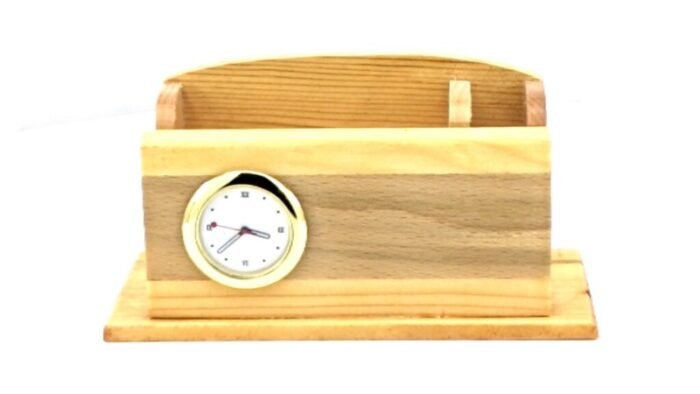 Wooden Desk Organiser with Clock