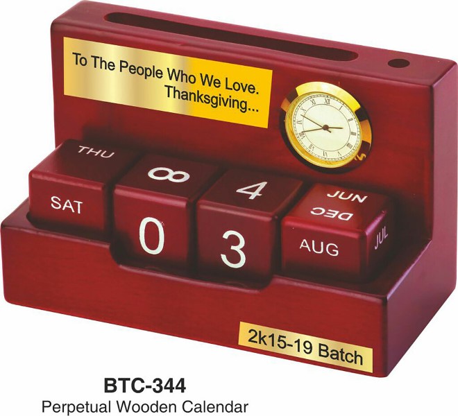 Wooden Perpetual Calendar With Clock
