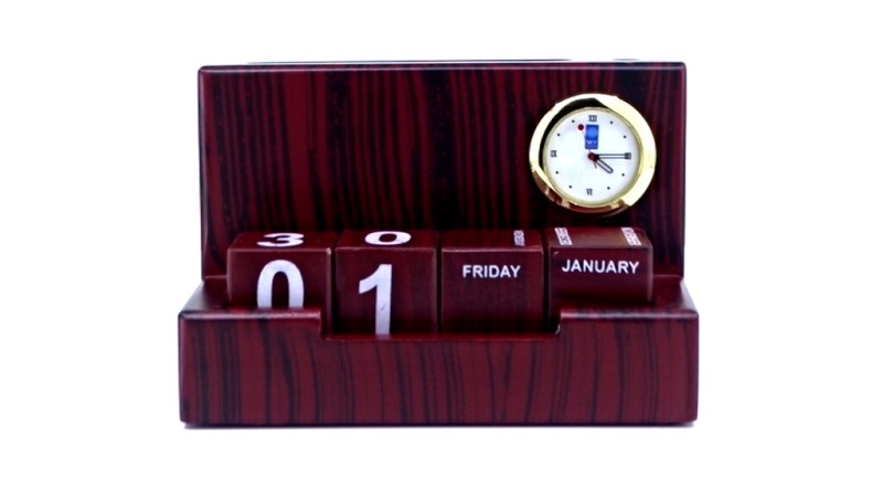 Wooden Perpetual Calendar With Clock