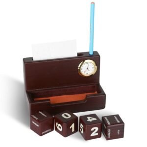 Wooden Perpetual Calendar With Clock – Elegant Desk Organizer