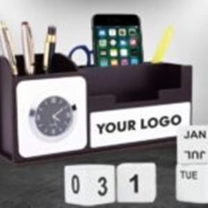 Wooden Table Top with Clock Mobile Stand Tumbler Lifetime Calendar – Branded Corporate Gift