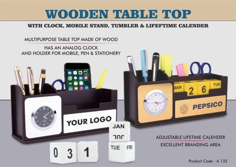 Wooden Table Top with Clock Mobile Stand Tumbler & Lifetime Calendar – Branded Corporate Gift