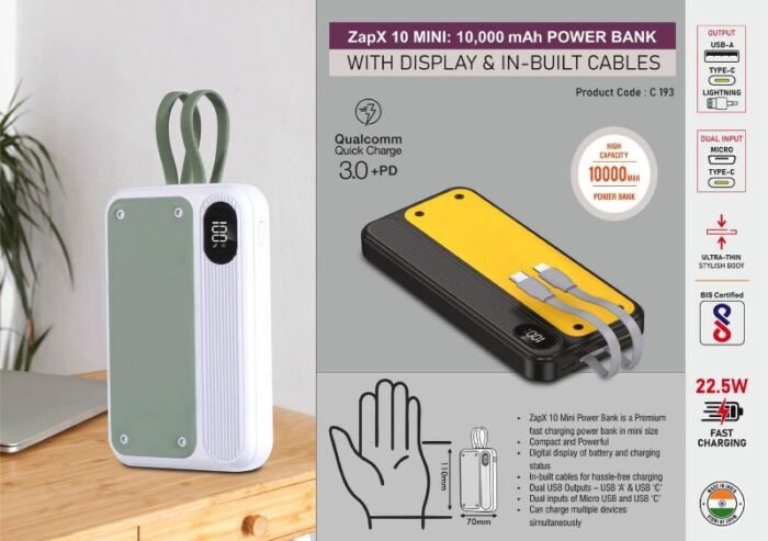 ZapX 10 Mini 10,000 mAh Power Bank with Display & In-Built Cables