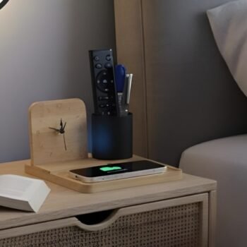 ZenCharge Core Bamboo Wireless Charger with Phone Stand, Pen Holder & Clock