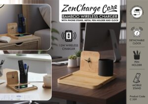 ZenCharge Core Bamboo Wireless Charger with Phone Stand