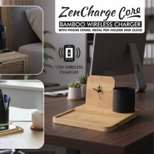 ZenCharge Core Bamboo Wireless Charger with Phone Stand, Pen Holder & Clock