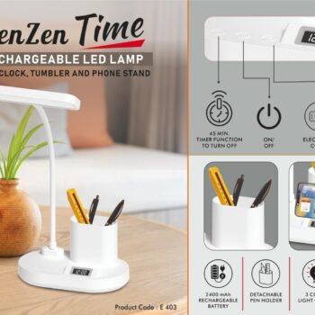 PenZen Time: Rechargeable LED lamp with Clock, Pen stand tumbler and Phone stand | 3 Color light with Brightness adjustment | Type C Charging | 2400 mAh battery