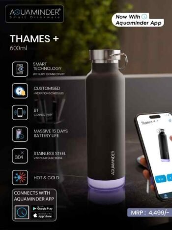 Aquaminder Thames+ 600ml Smart Bottle (Black)...