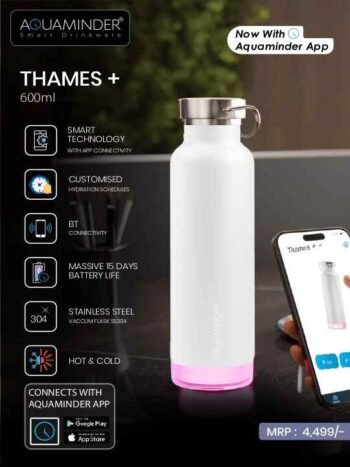 Aquaminder Thames+ 600ml Smart Bottle (White)...