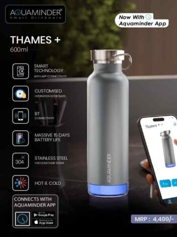 Aquaminder Thames+ 600ml Smart Stainless Steel Bottle...
