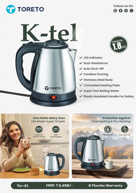Toreto K-tel Electric Kettle – 1.8L Fast Boiling